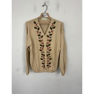 Tulchan Vintage Beige Cotton Embroidered Floral Cardigan Sweater Womens Large L